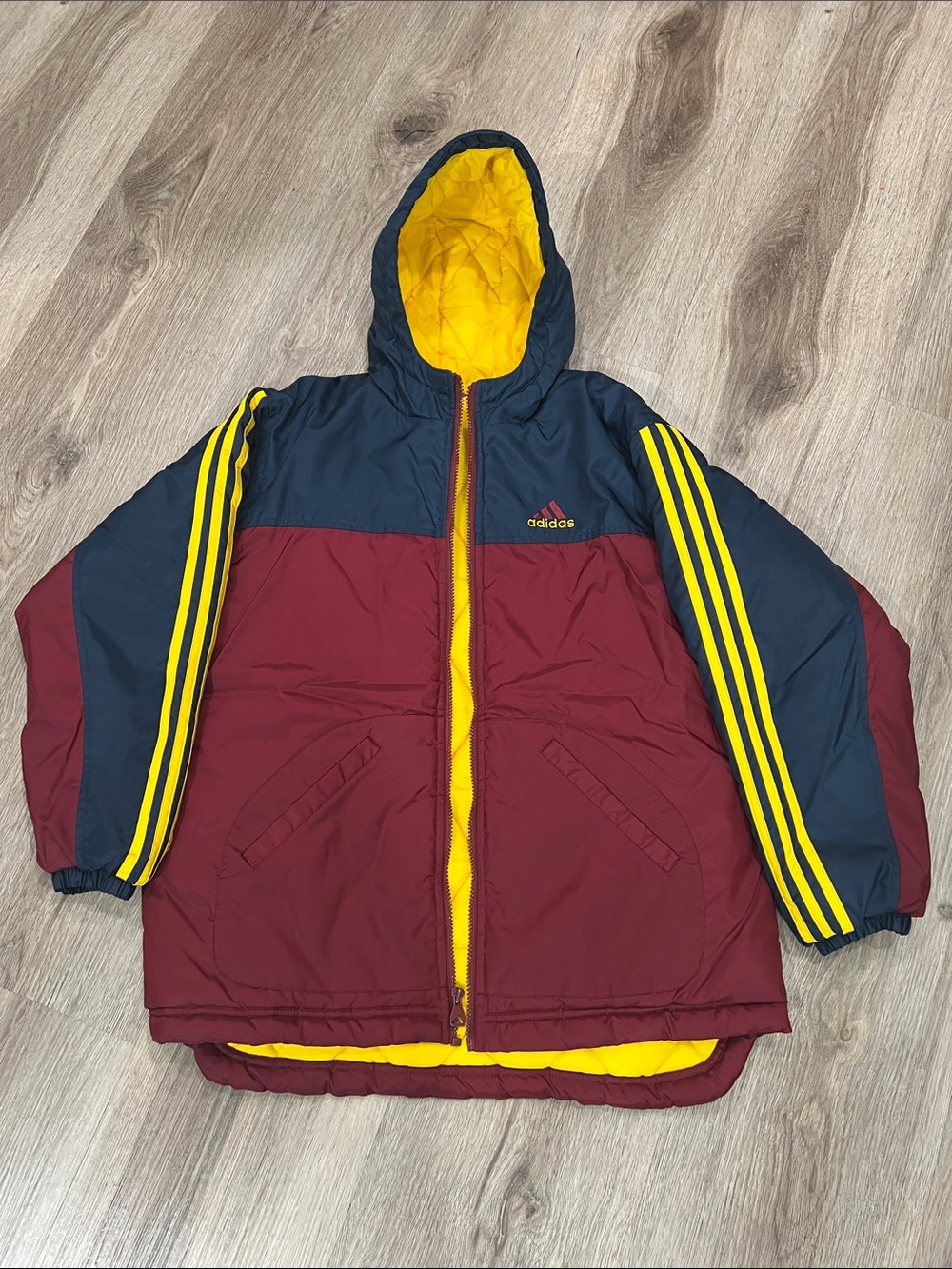 Adidas Burgundy, Navy and Mustard Yellow Puffer Jacket